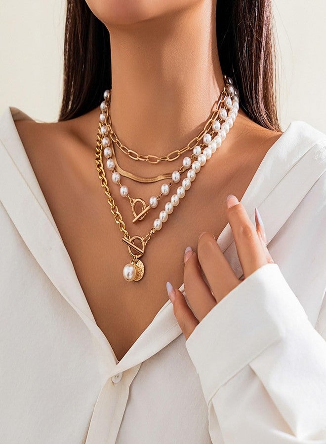 TACBSP Gold Layered Pearl Necklaces for Women Chunky Beaded Pearl Coin Choker Necklace Adjustable Layered Paperclip Chain Snake Chain Coin Pendant Necklaces Jewelry Accessories Gifts for Women - Image 2